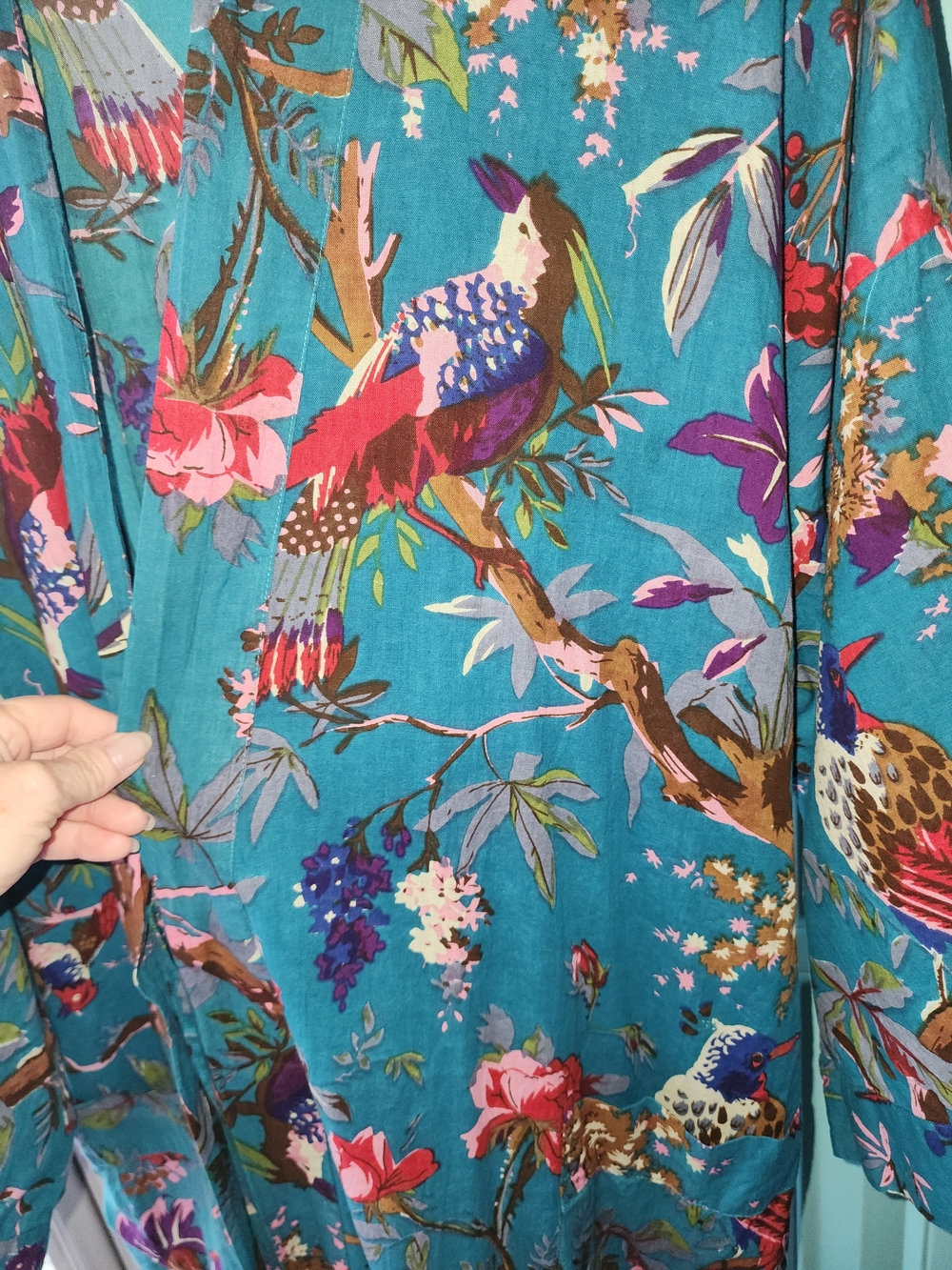 Floral Teal Kimono Robe with Bird Print - Picture 3 of 5